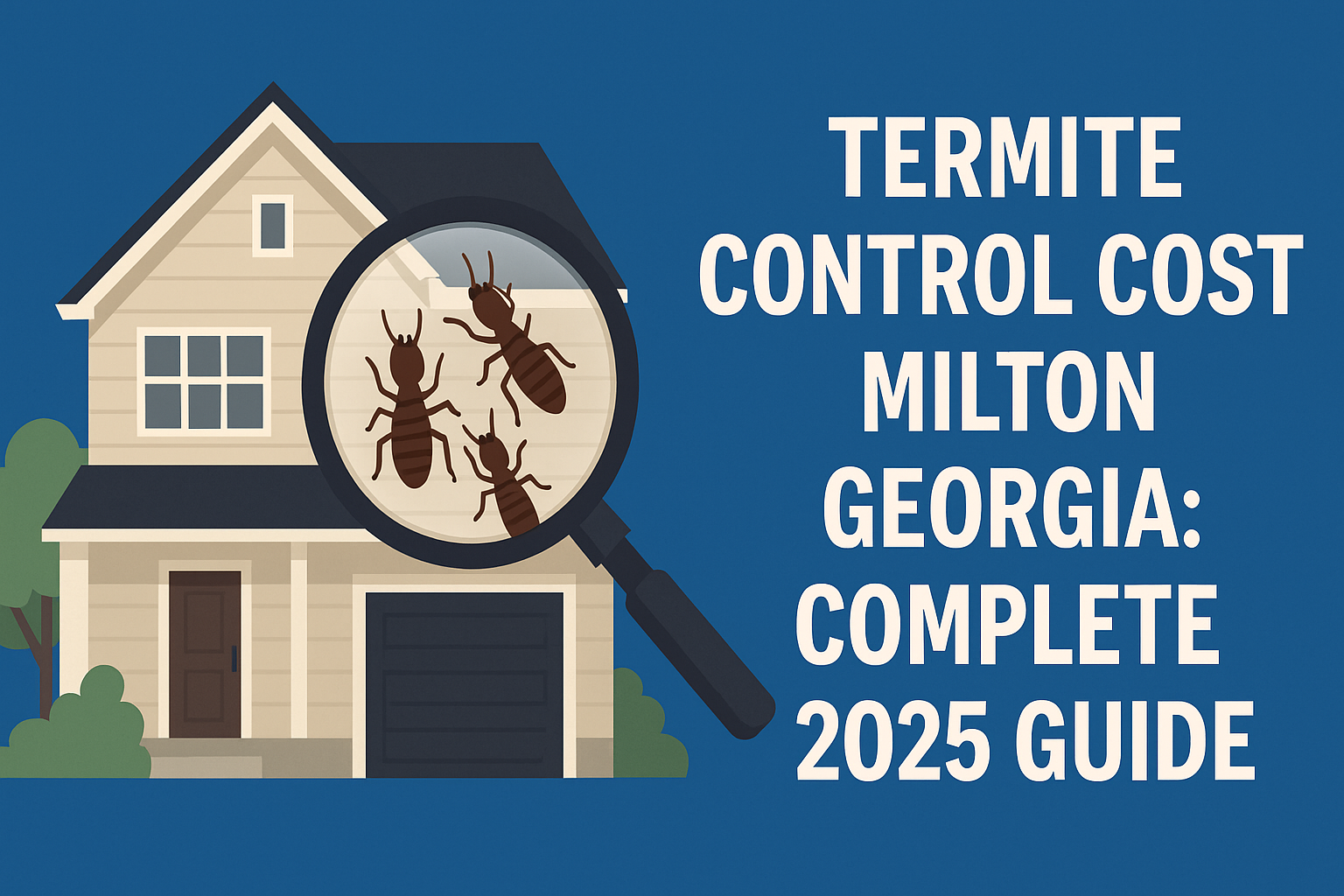 Illustration of termites on a suburban house with magnifying glass, representing termite inspection and control costs in Milton, Georgia.
