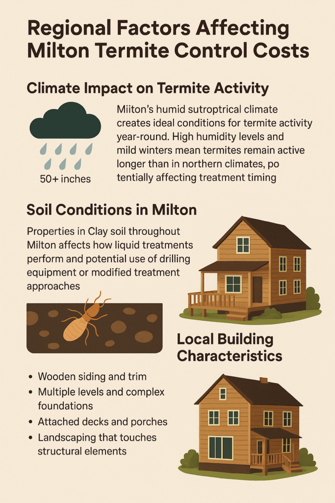 Infographic explaining how climate, soil, and home structure in Milton GA affect termite control costs