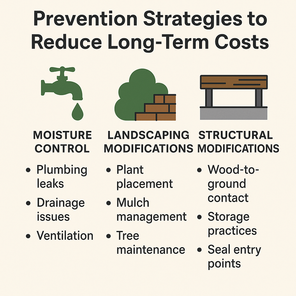 Infographic showing termite prevention strategies including moisture control, landscaping tips, and structural modifications