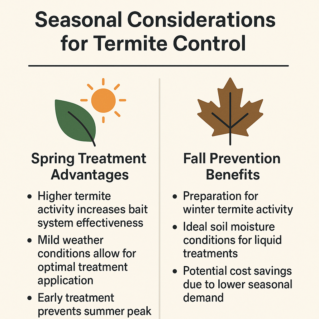 Infographic outlining seasonal termite control benefits in spring and fall for homeowners in Milton Georgia