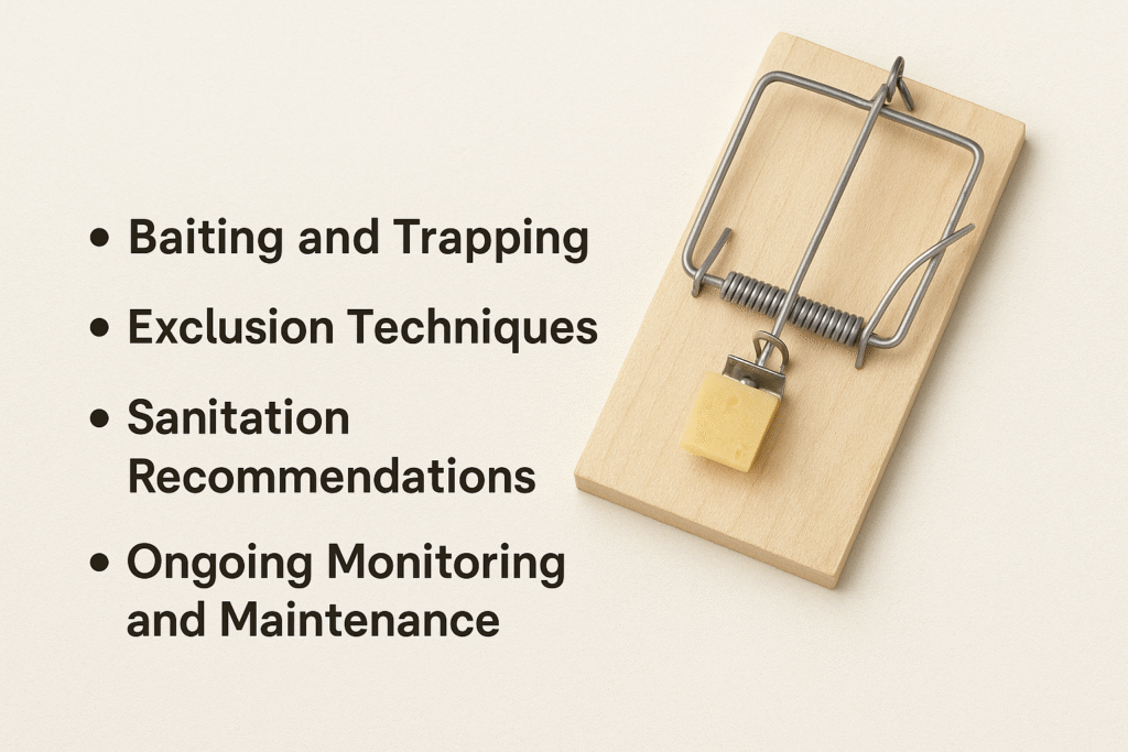 Pest control strategies including baiting, trapping, exclusion, sanitation, and maintenance displayed with a wooden mousetrap