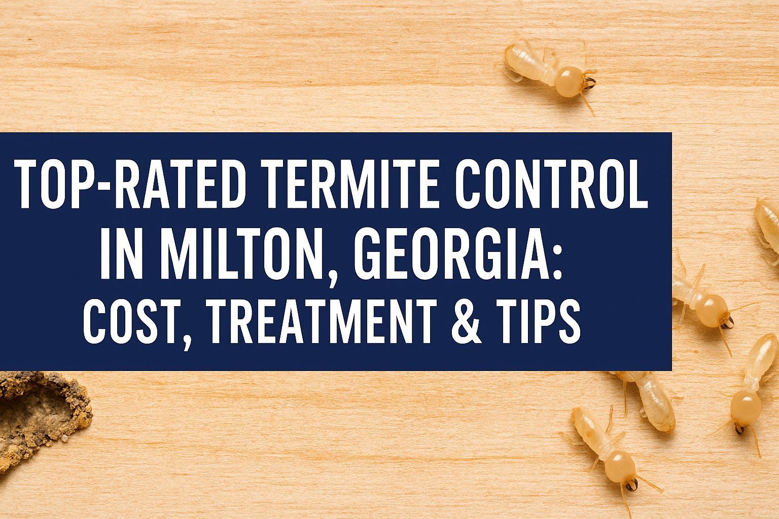 Termites on damaged wood with bold title text reading "Top-Rated Termite Control in Milton, Georgia: Cost, Treatment & Tips"