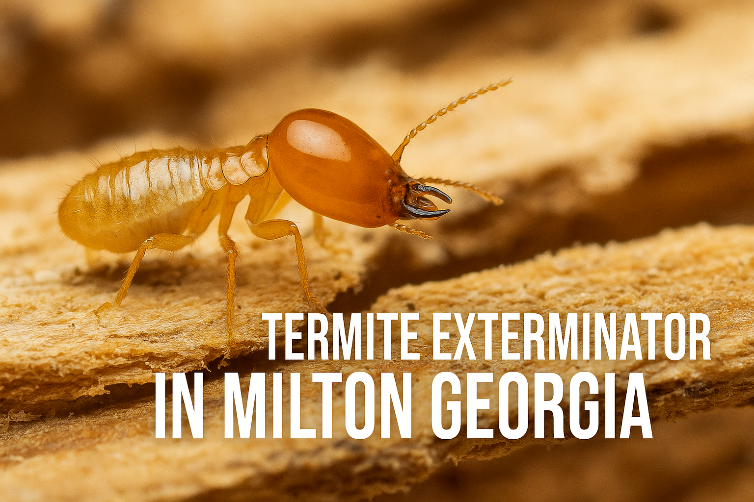 Close-up of a termite on damaged wood with the text "Termite Exterminator in Milton Georgia" promoting pest control services.