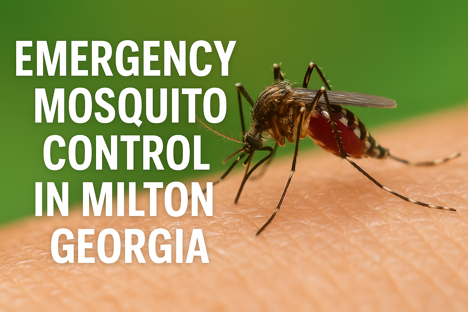 Mosquito biting skin with clear headline “Emergency Mosquito Control in Milton Georgia