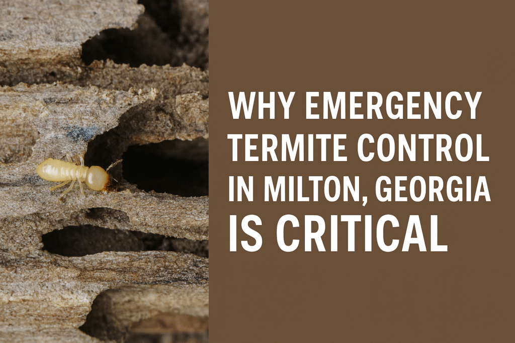Emergency Termite Control in Milton Georgia 2 ermite on damaged wood with bold headline about emergency termite control in Milton, Georgia