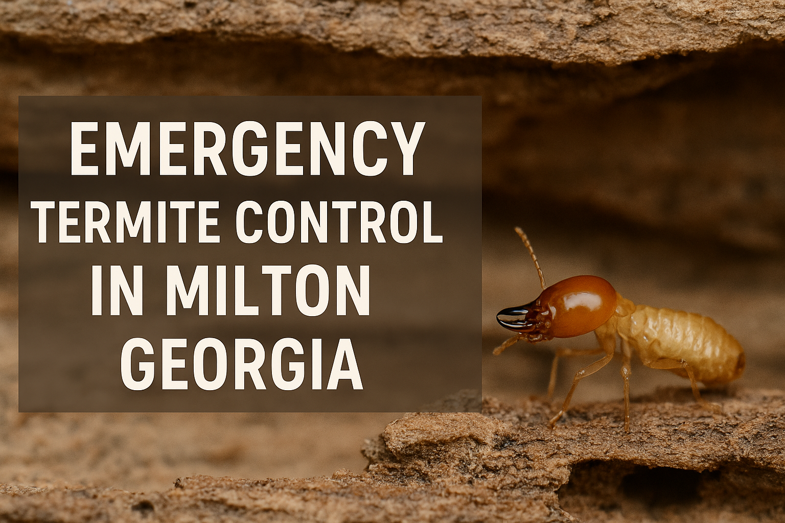Termite crawling on damaged wood with bold emergency pest control text in Milton, Georgia