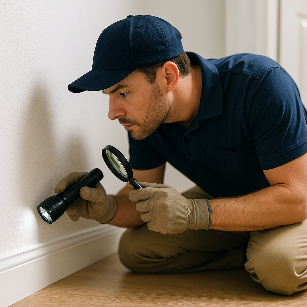 termite inspection in Milton technician examining baseboard with flashlight and magnifying glass
