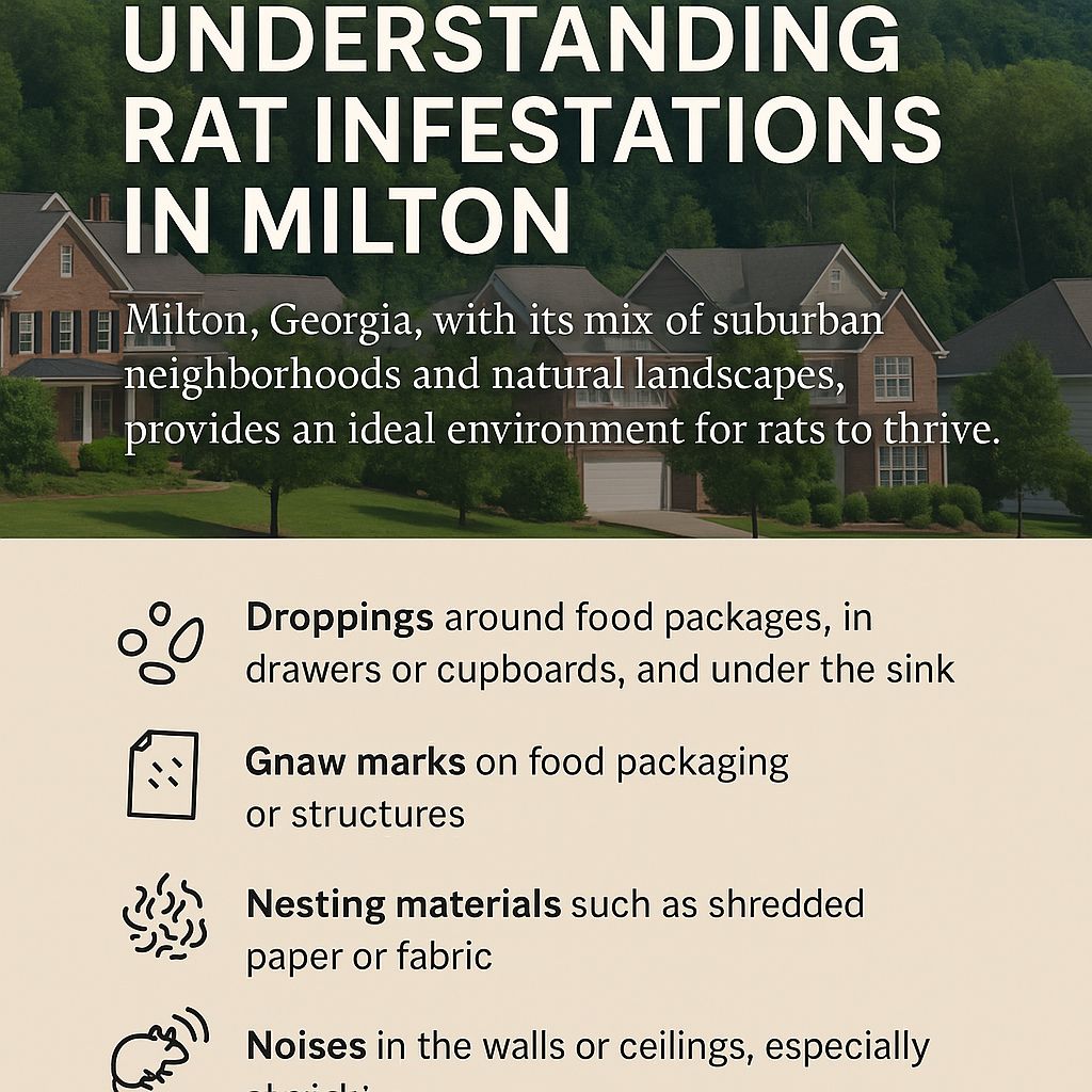 How Much Does Rat Control Cost in Milton, Georgia? 2 Signs of rat infestation in Milton GA homes: droppings, gnaw marks, nesting, and noises.
