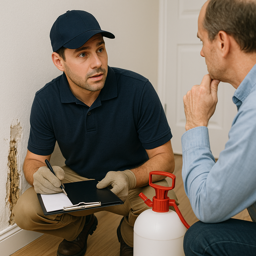 Pest control technician discussing termite damage and treatment options with homeowner