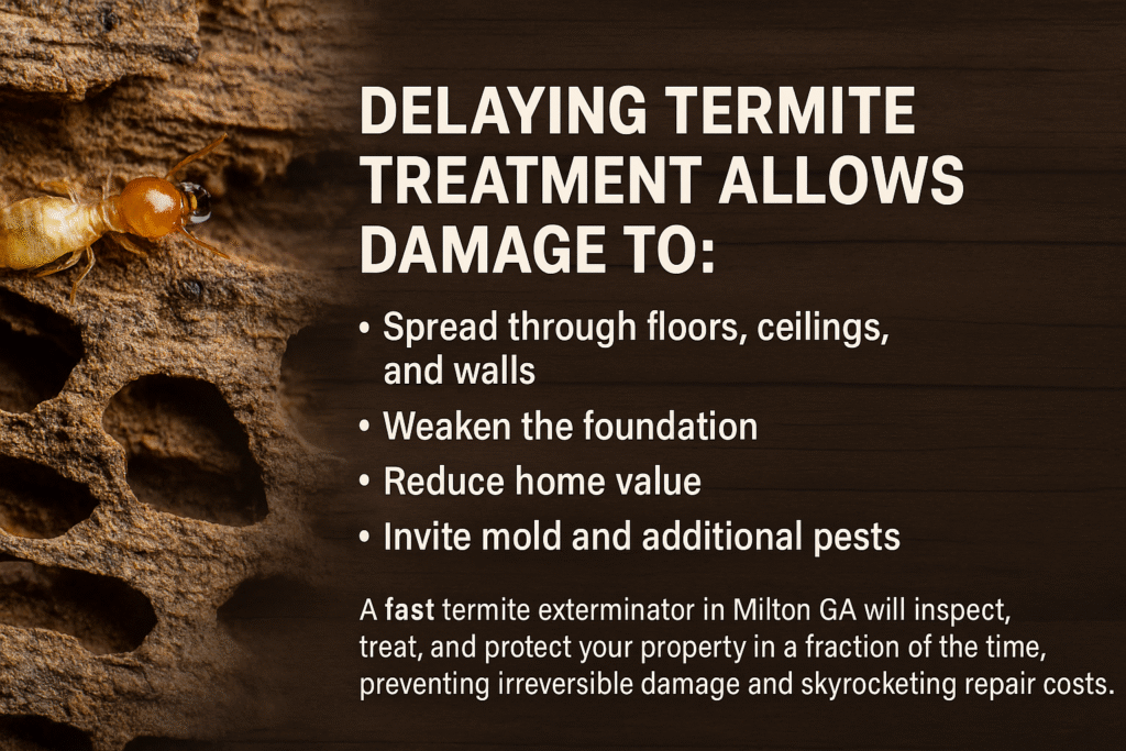 Fast Termite Exterminator Milton GA 2 Termite on damaged wood with warning text about delayed treatment risks in Milton, Georgia
