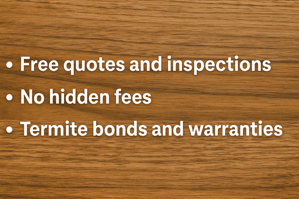 Fast Termite Exterminator Milton GA 4 Bullet list of termite service benefits on wood background – free quotes, no hidden fees, warranties