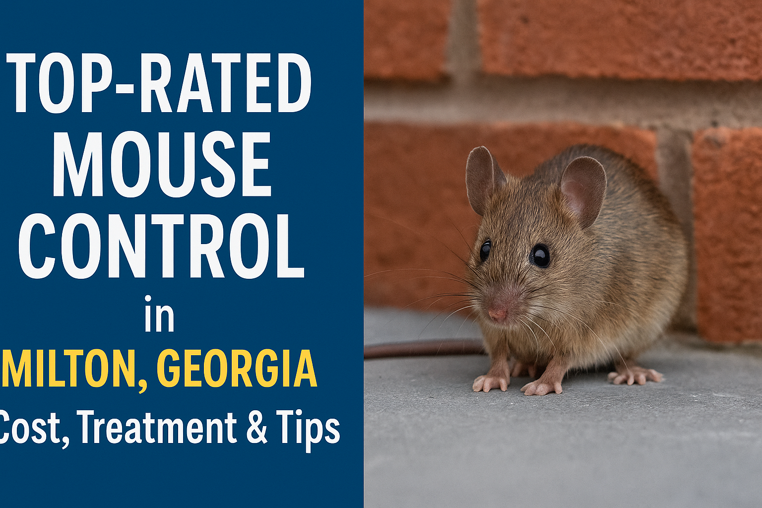 Close-up of a house mouse near a brick wall with bold text promoting top-rated mouse control services in Milton, Georgia
