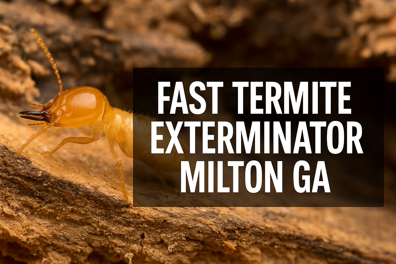 Termite crawling on damaged wood with bold, complete text “Fast Termite Exterminator Milton GA