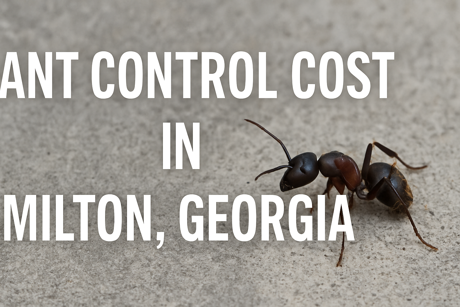 Full-text graphic showing "Ant Control Cost in Milton, Georgia" with clear typography and ant on concrete