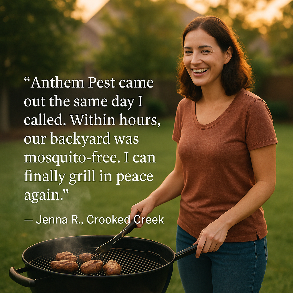 Happy woman grilling in her backyard in Crooked Creek after successful mosquito extermination by Anthem Pest Control.