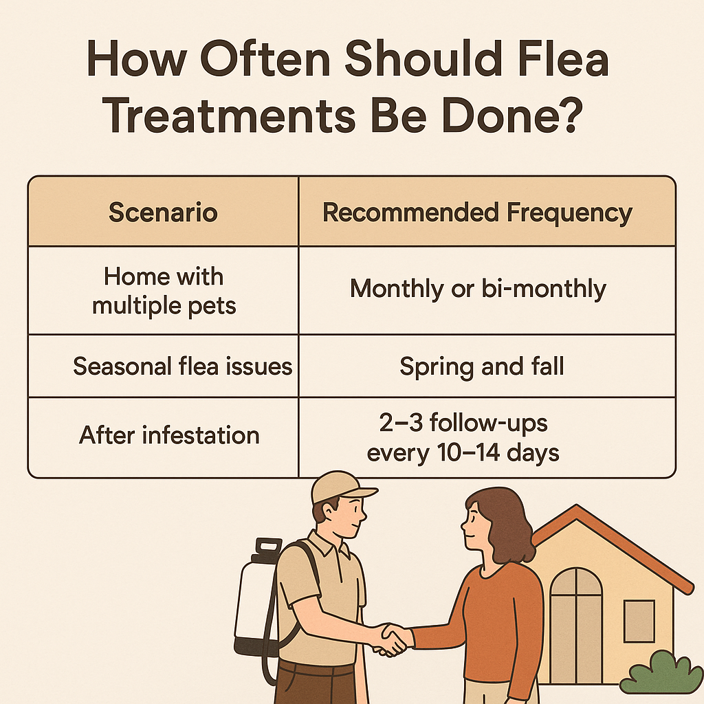 Flea treatment frequency guide for homes with pets showing a pest control expert and client outside a house.