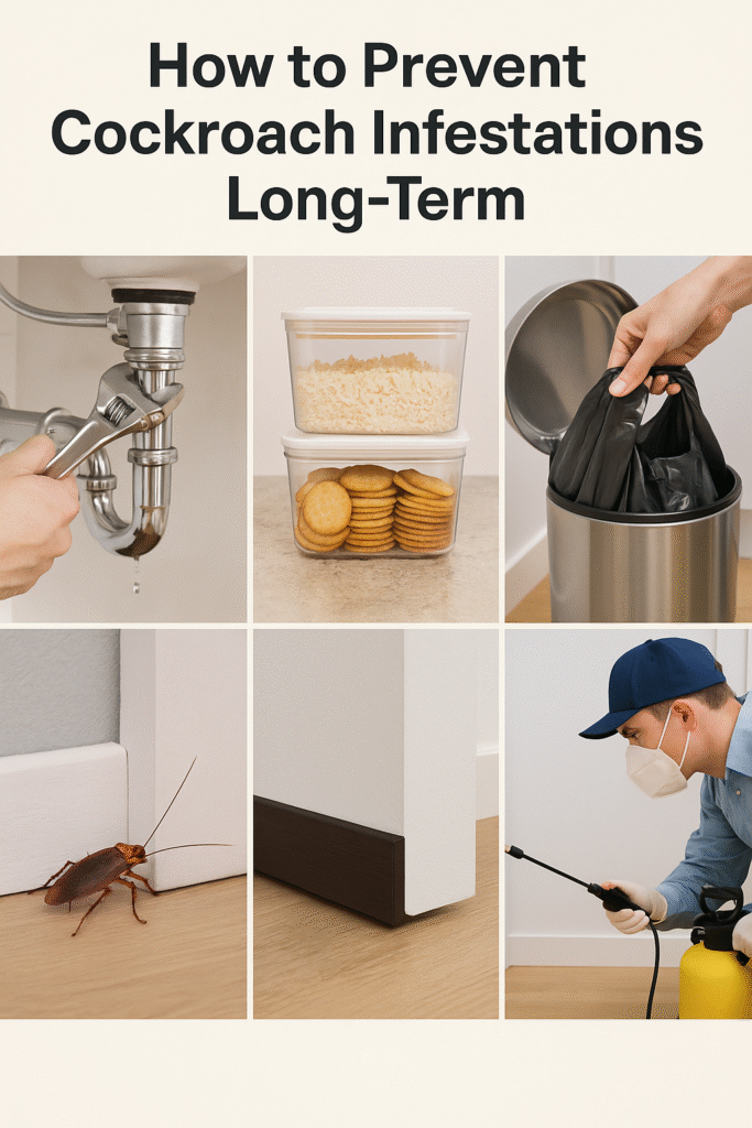 Preventing cockroach infestations by fixing leaks, storing food in airtight containers, emptying trash, sealing cracks, installing door sweeps, and using pest control