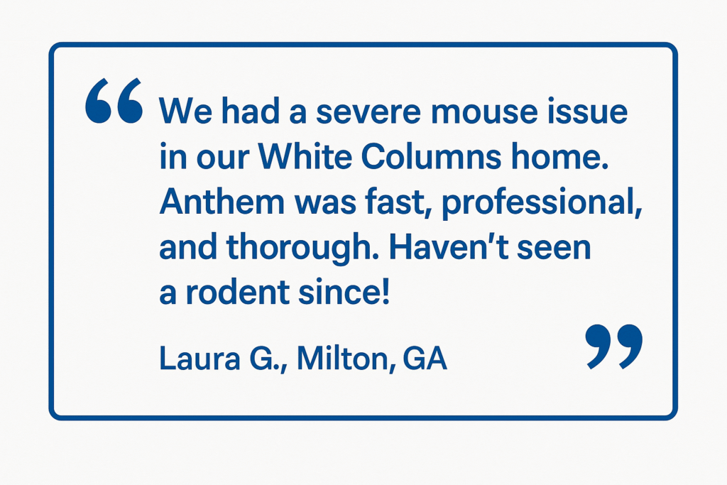 Customer testimonial about mouse control service in White Columns home in Milton, GA.