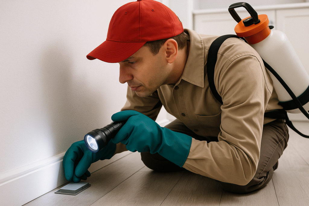 Pest control technician placing bait station during monthly home inspection in Milton, Georgia