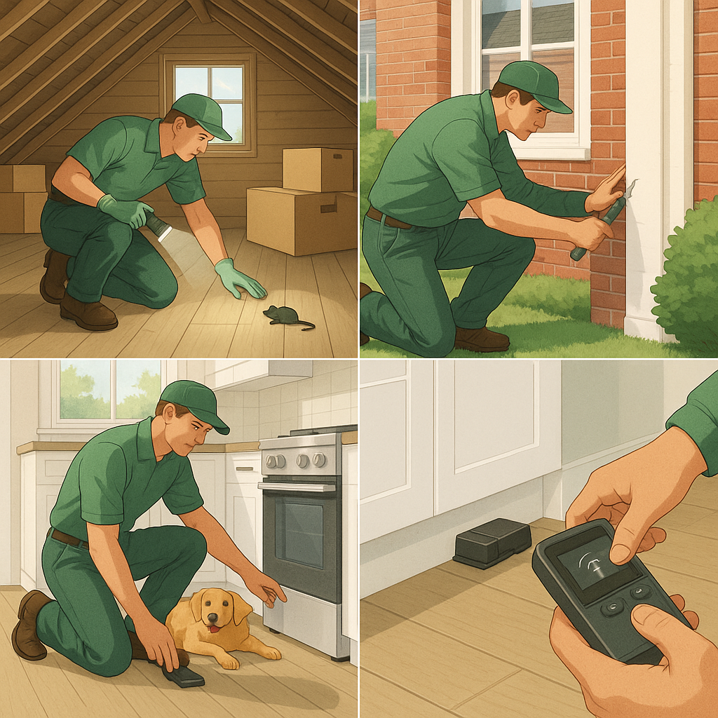 Pest control technician inspecting attic, sealing house exterior, setting safe traps near pet, and monitoring rodent traps inside a kitchen.