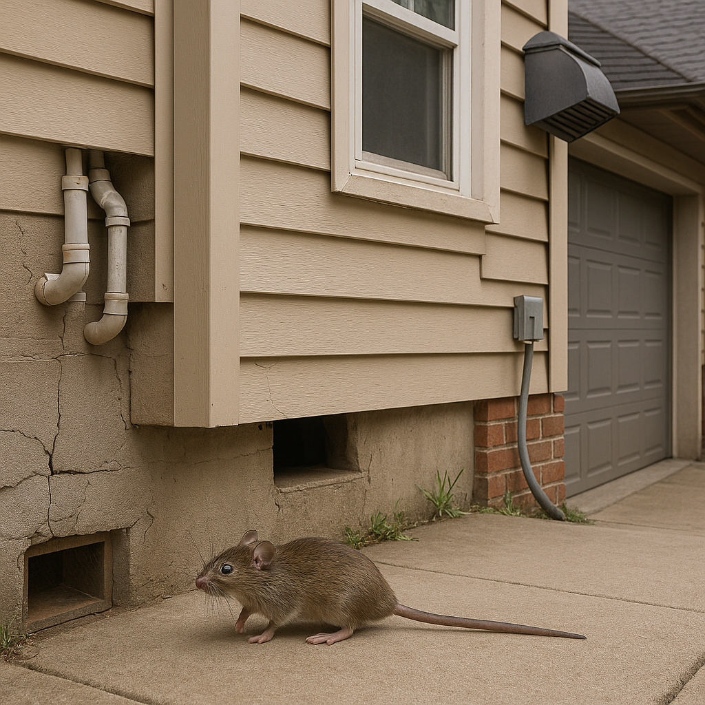 Mouse near common entry points in a Milton home, including foundation cracks, utility gaps, and siding openings.