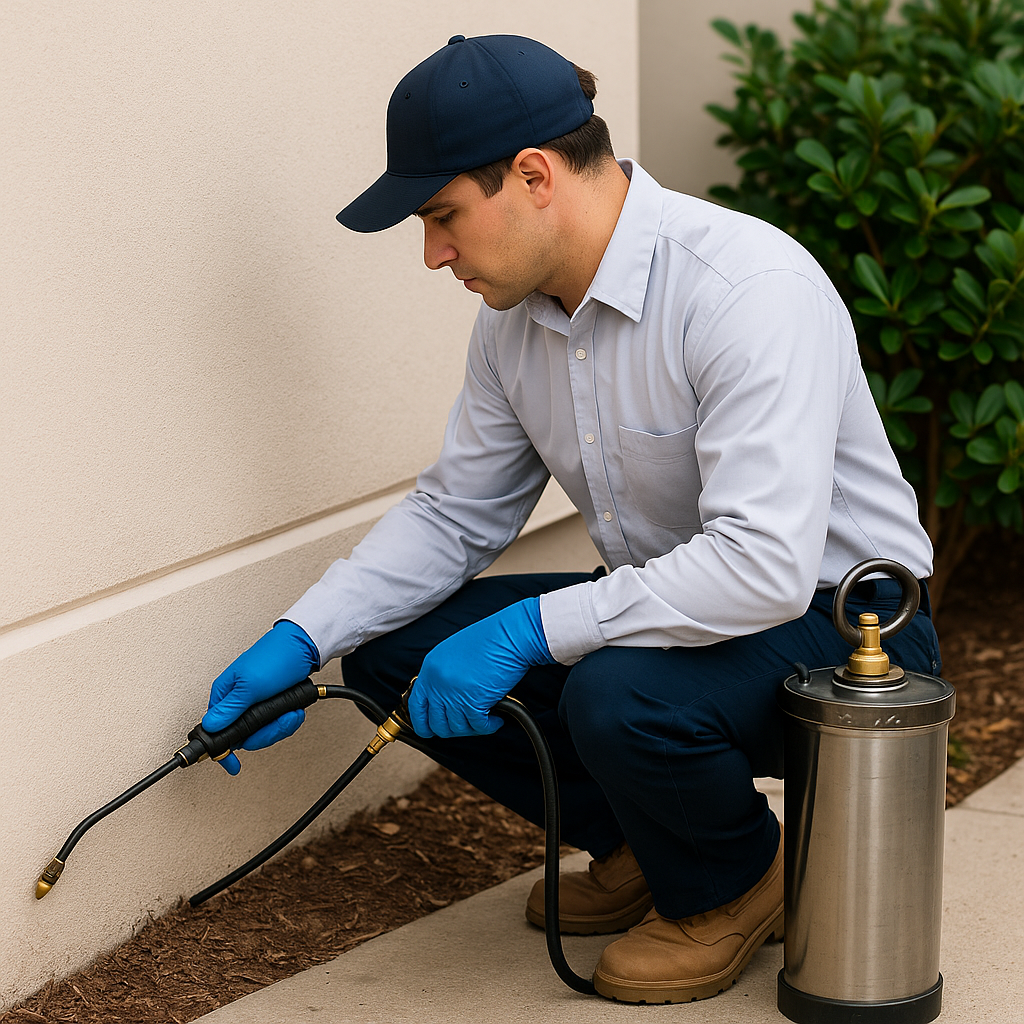 Professional pest control technician applying industrial-grade pesticide near a residential wall for safe extermination.