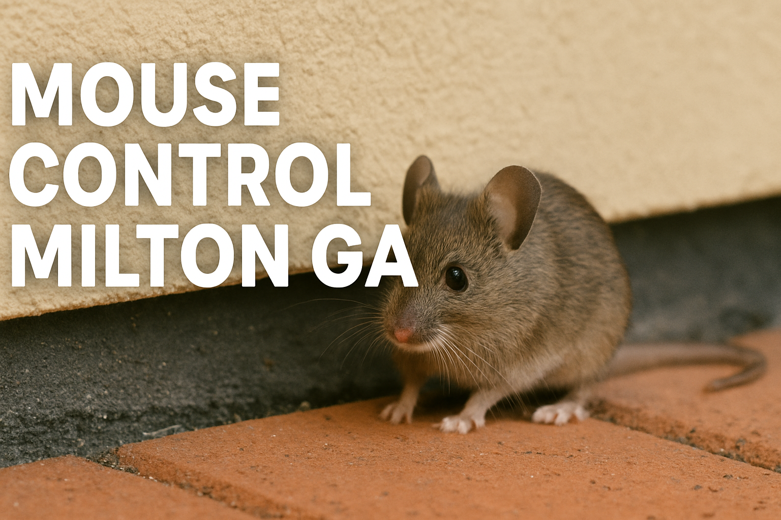Close-up of a house mouse with centered title text — mouse control services Milton GA