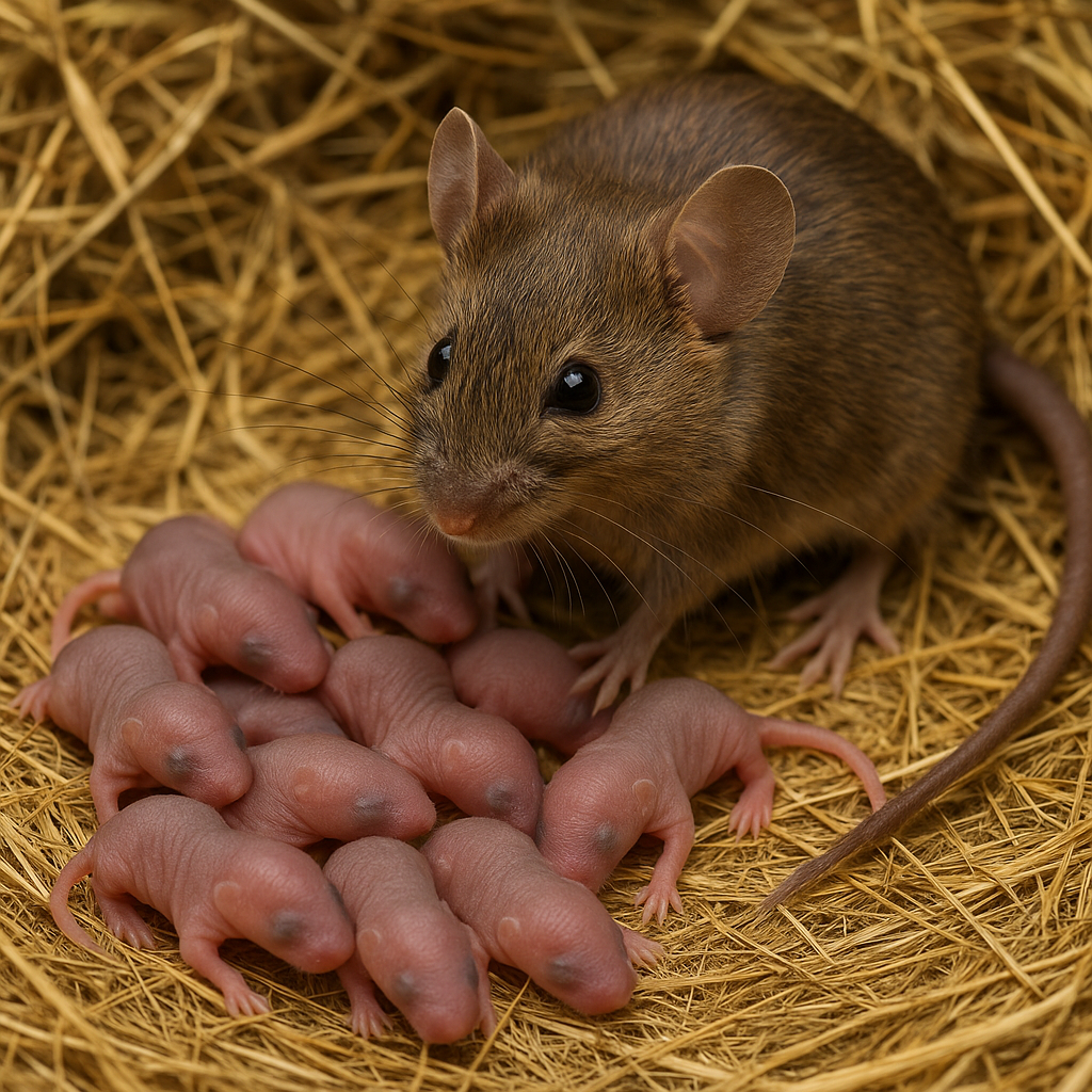 Mother mouse with newborn pups in a straw nest, showing high reproduction rate.