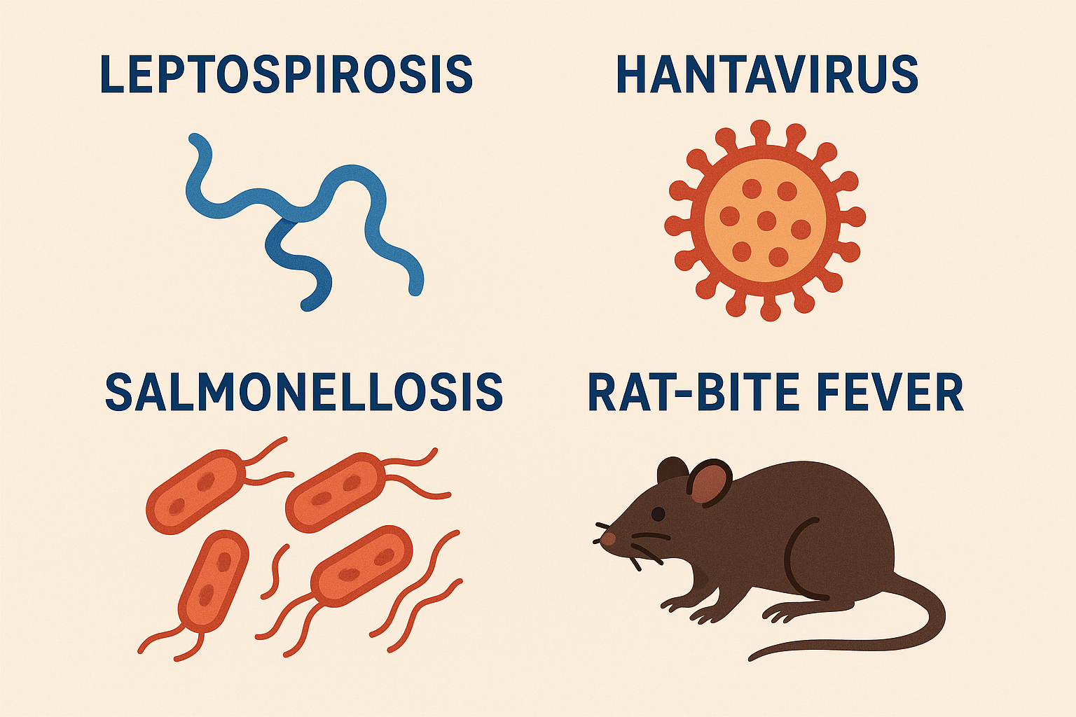 Rat Control Milton GA – Fast, Affordable Rodent Extermination 2 Illustration of diseases transmitted by rats including leptospirosis, hantavirus, salmonellosis, and rat-bite fever with visual representations of bacteria and viruses