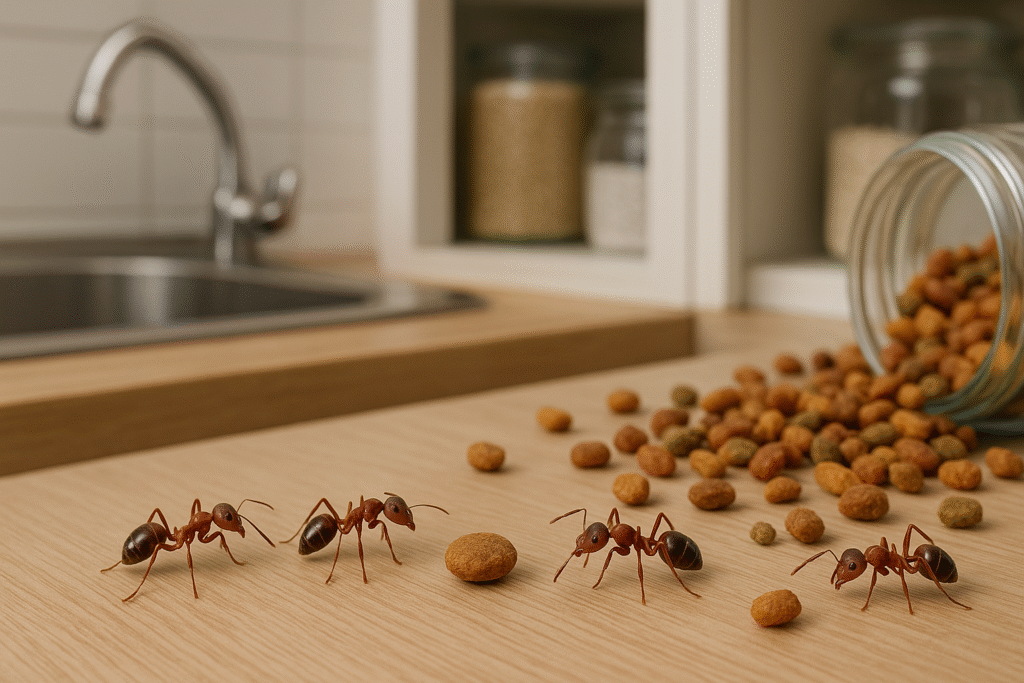 Sugar ants foraging near pet food on a kitchen countertop near a sink and pantry