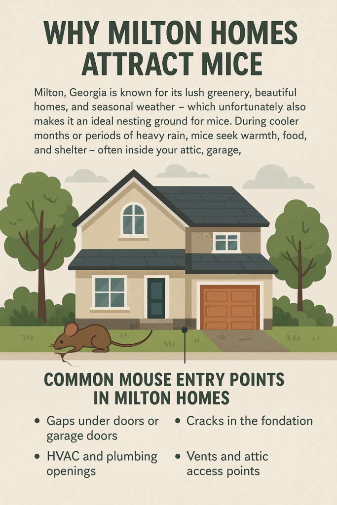 Illustration of a Milton, Georgia home with labeled mouse entry points such as cracks, gaps, vents, and HVAC pipes.