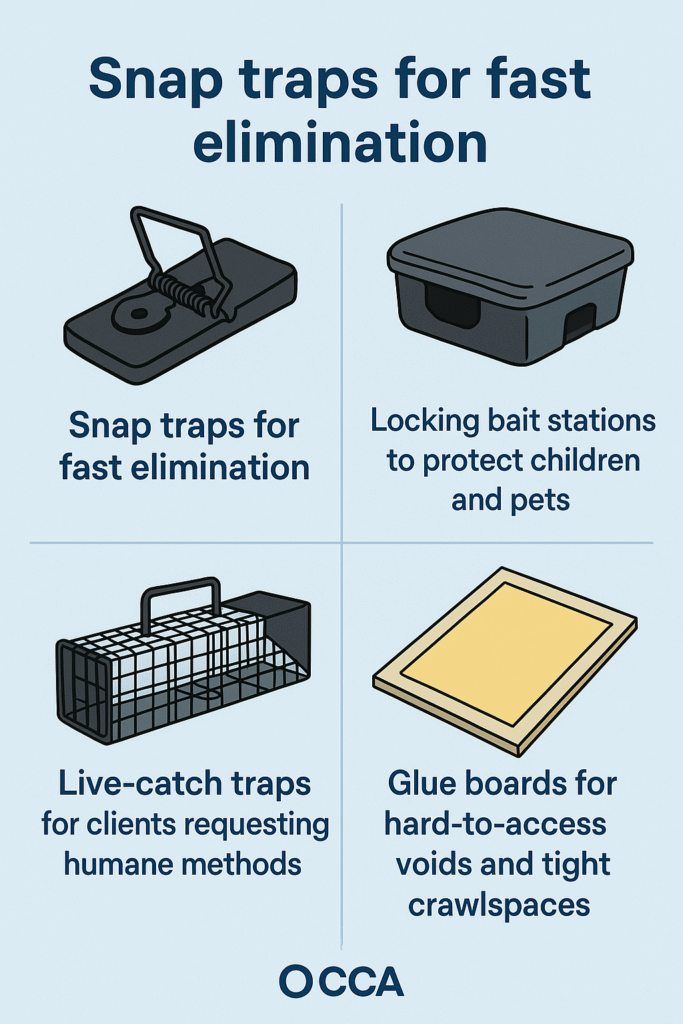 Infographic showing snap traps, bait stations, live-catch traps, and glue boards used for pest control.